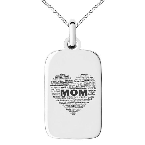 Tioneer Stainless Steel Inspirational Mom Heart Small Rectangle Dog Tag Charm Pendant Necklace