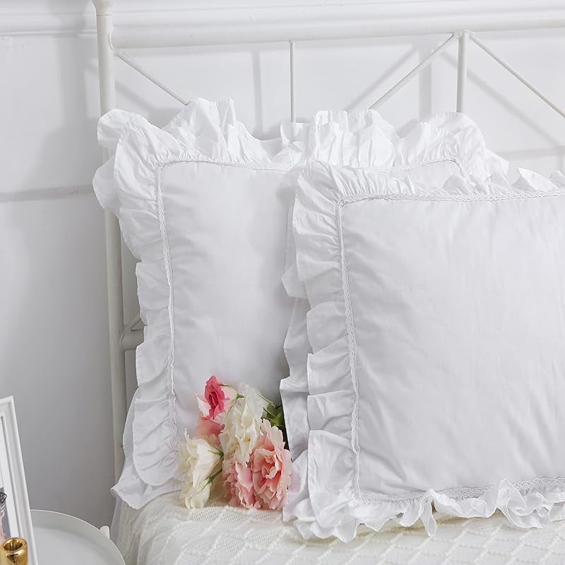 2-Pack Bright White Pillow Shams Pillowcases with Lace and Ruffles Cotton Standard Twin Size 20"X26" Shabby Chic