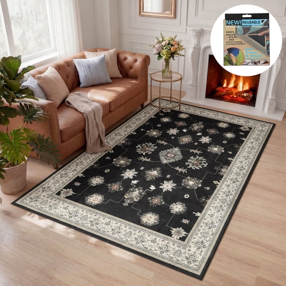 Fnova Boho Black 5x7 Washable Area Rugs for Living Room, Soft Non-Slip Vintage Rugs for Bedroom Dining Room, Farmhouse Ultra Thin Indoor Carpet for Playroom Office Decor