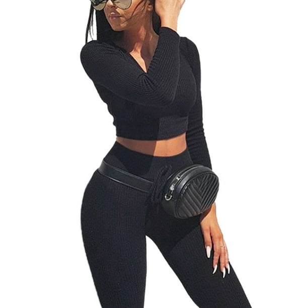 Women's Sexy V Neck 2 Pieces Outfits Elastic long-sleeved Cropped T Shirt  and Long Pants Tracksuits Set Sportwear Lounge wear sports suit -  Walmart.com