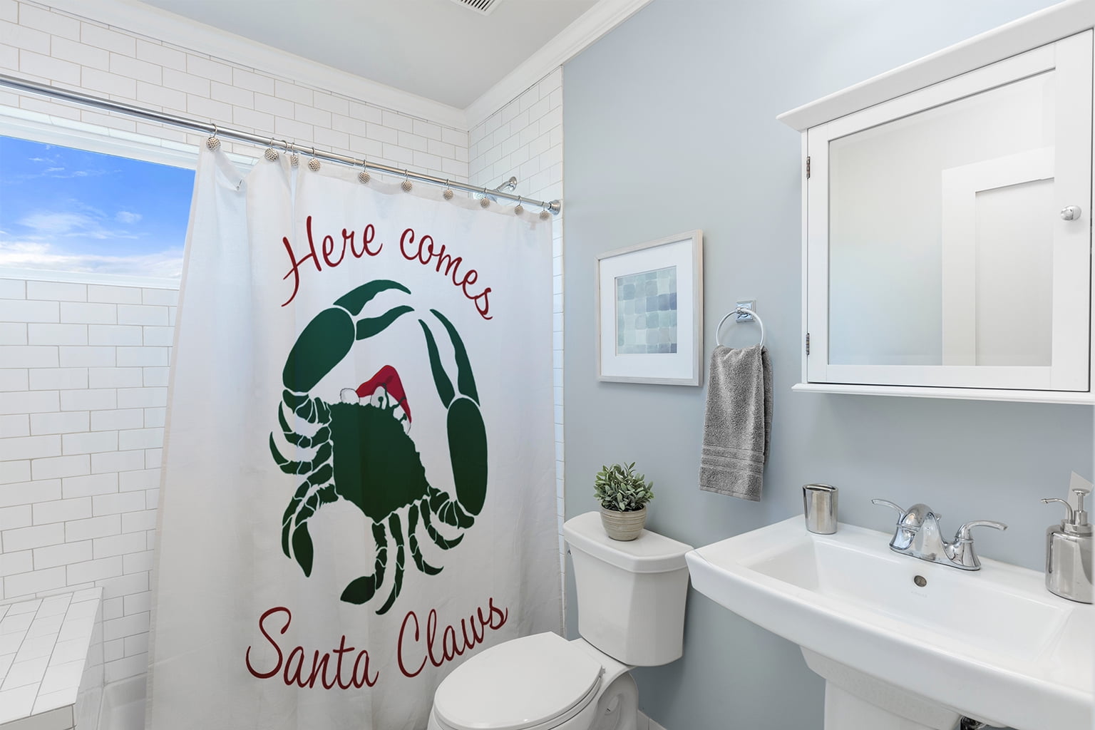 Simply Daisy 70" W x 73" L Santa Claws Crab Polyester Shower Curtain, Forest Green [1 Ct]