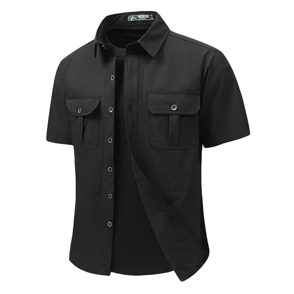 Dolkfu Cargo Mens Shirt Short Sleeve Work Black Button up Shirt Collared Stretch Pocket Spring Tees for Men,L