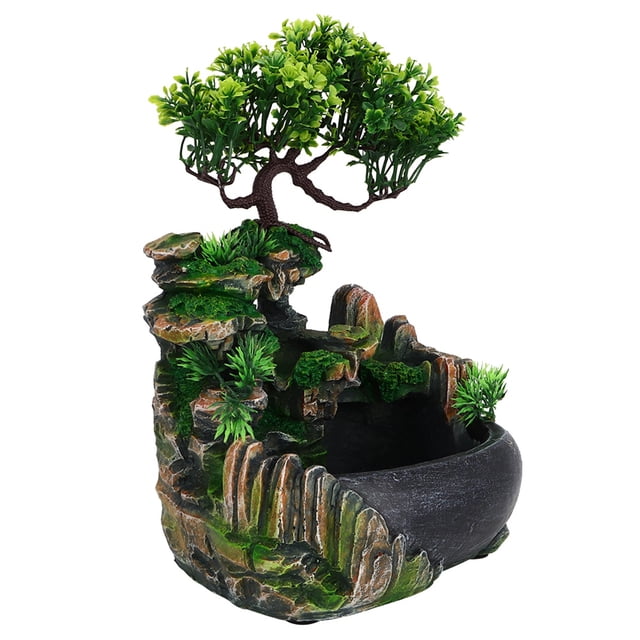Humidificador De Cascadas De La Fuente De Escritorio, Escultura De Escritorio Atomizante Con árboles Y Rocas, Perfecta Para La Decoración De La Oficina En El Hogar, Incluye