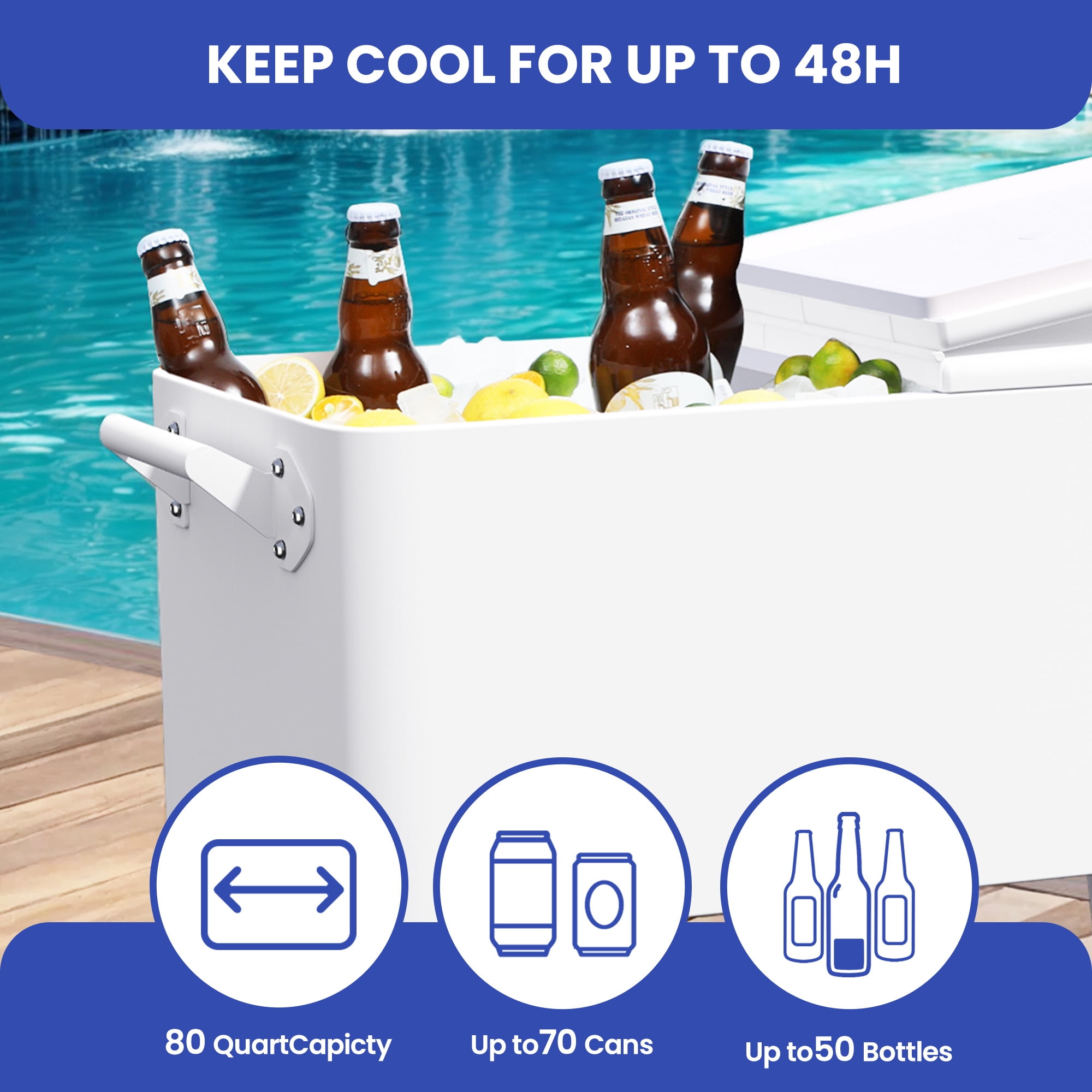 Uforic 80 Quart Rolling Ice Chest Cooler Cart,Outdoor Portable Beverage Cart with Bottle Opener & Drain, White
