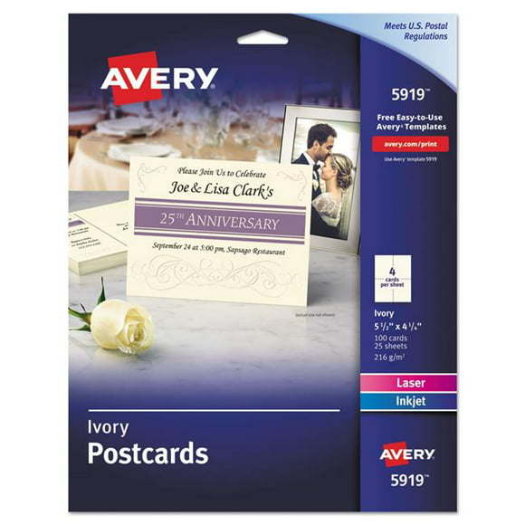 Avery-Dennison 5919 Cartes Postales de 4,25 x 5,2 Po pour Imprimantes Laser à Jet d'Encre, Ivoire - 100 par Boîte