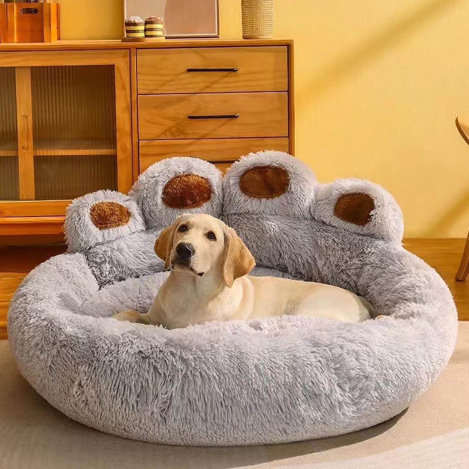 Darzheoy Cute Round Calming Dog Bed of Paw Shape, Pet Plush Dog Donut Bed for Medium Small Breed Dog, Soft, Comfy and Cozy Doggie Bed with Bolster, 24 inch