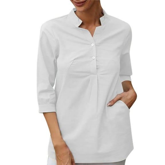 UAMVSH Women 3/4 Sleeve Shirts Button down Cotton Linen Dressy Tops with Pockets Casual Lightweight Collared Work Blouses(X-Large,White)