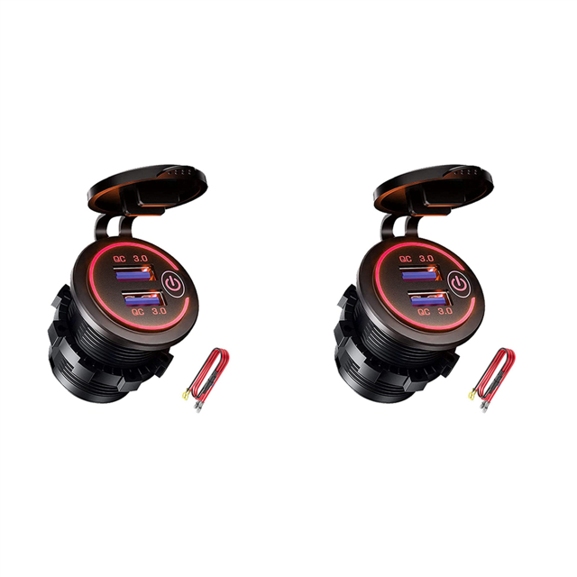 2X QC 3.0 Dual USB Charger Socket,Waterproof 12V/24V USB Outlet with Touch-Switch for Car, Marine,Boat,RV,Motorcycle,Red