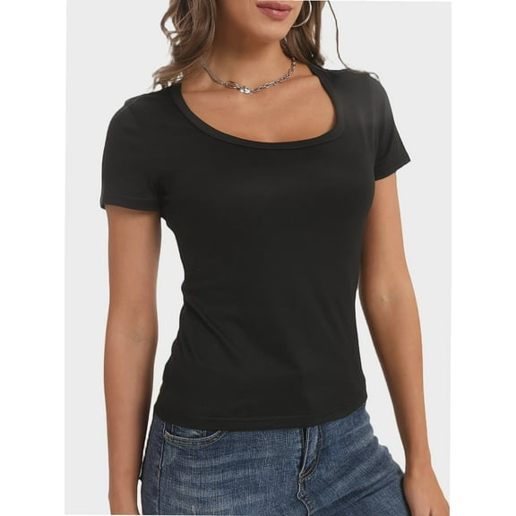 Women's T Shirts Short Sleeve Scoop Neck Basic Going Out Tops Fashion Slim Fit Tee