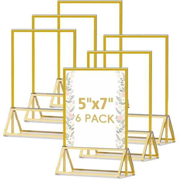 OUKMIC 6 pack Acrylic Sign Holder 5 x 7 inch, Double Sided Gold Picture Frames for Table Numbers, Menus, Weddings, Flyers