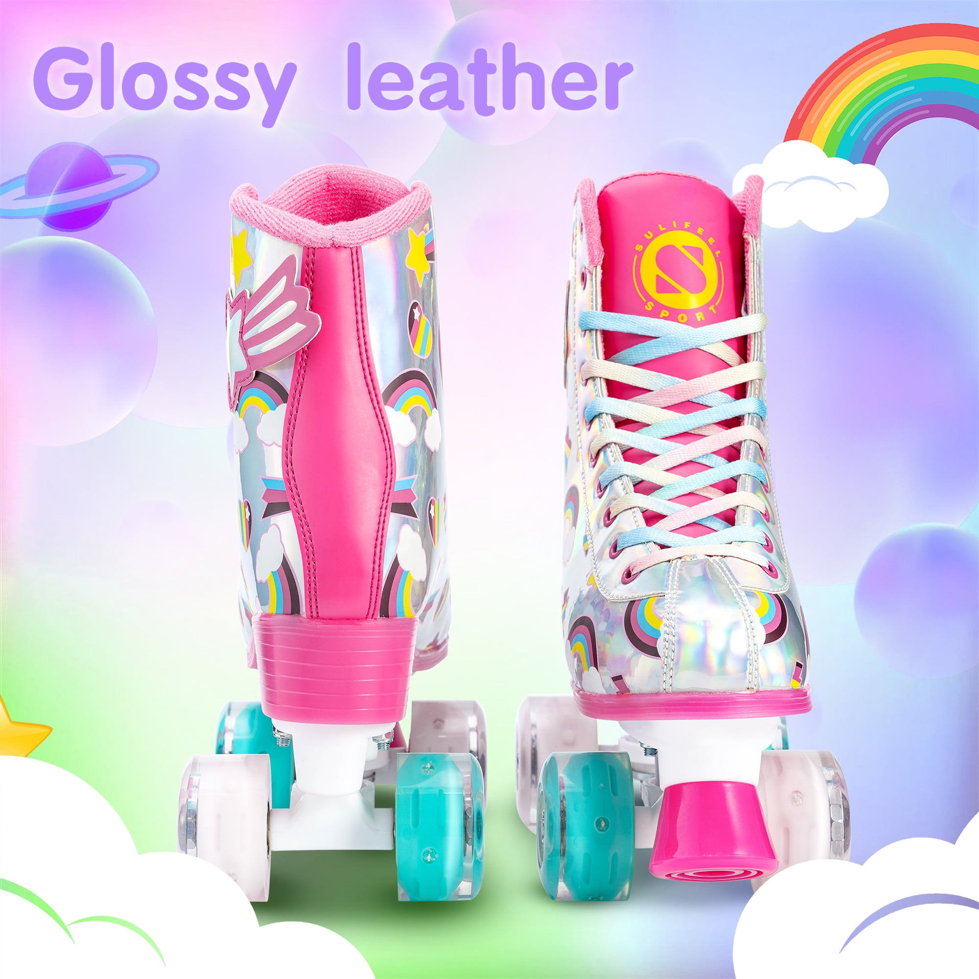 Roller Skates for Girls Light up Wheels Kids with High Top Reflective TPU Leather Rainbow Rainbow