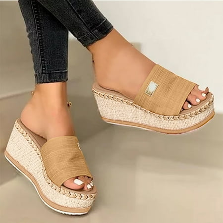 

GUOBIOZIY Women s Wedge Slides -Sandals - espadrilles sandals -summer Open Toe platform Slip On high heel casual sandals beach comfortable slippers（Yellow 10.5）