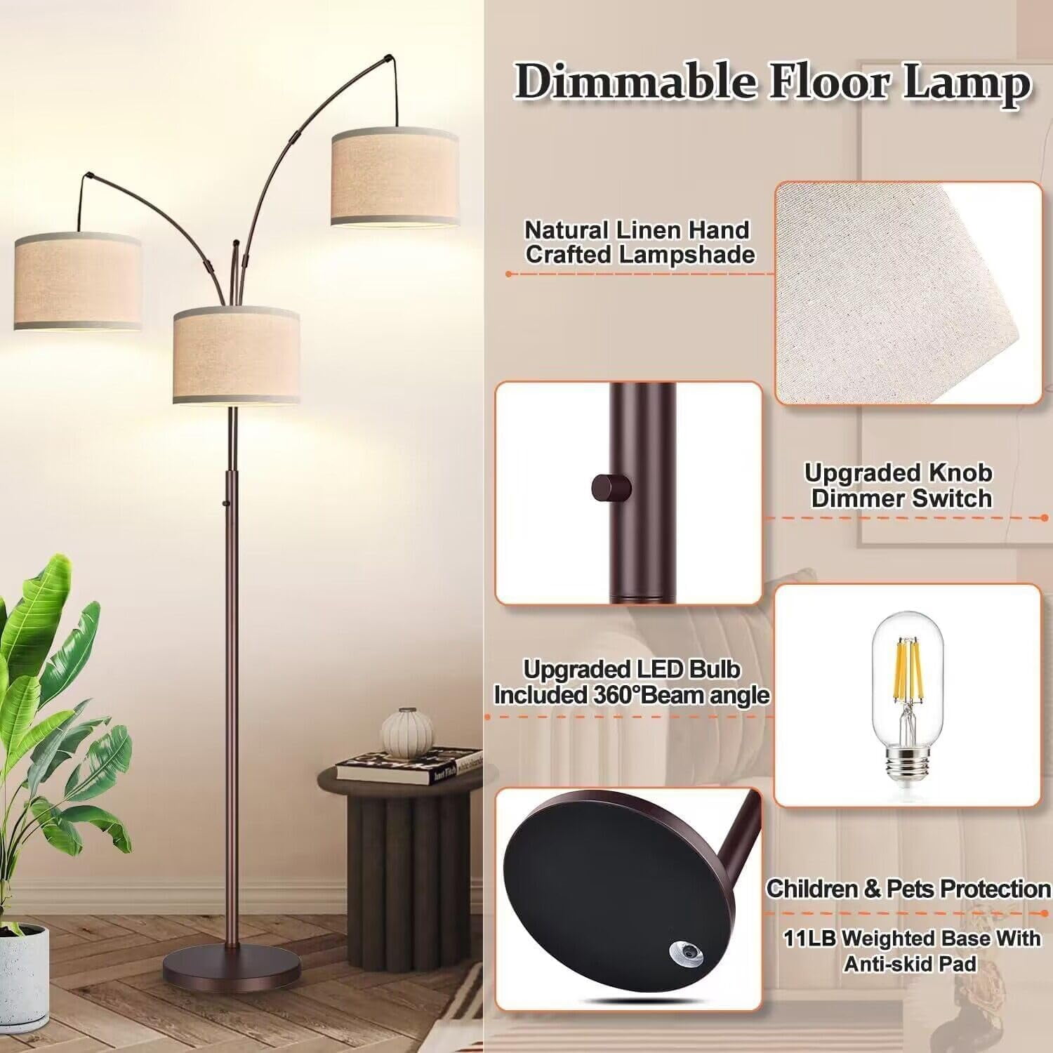 Dimmable Floor Lamp - 3 Lights Arc Lamps For Living Room  1000lm Modern Tall Standing With Beige Shades Mid Century Tree Bedroom Office 3 Led Bulbs Included Brown