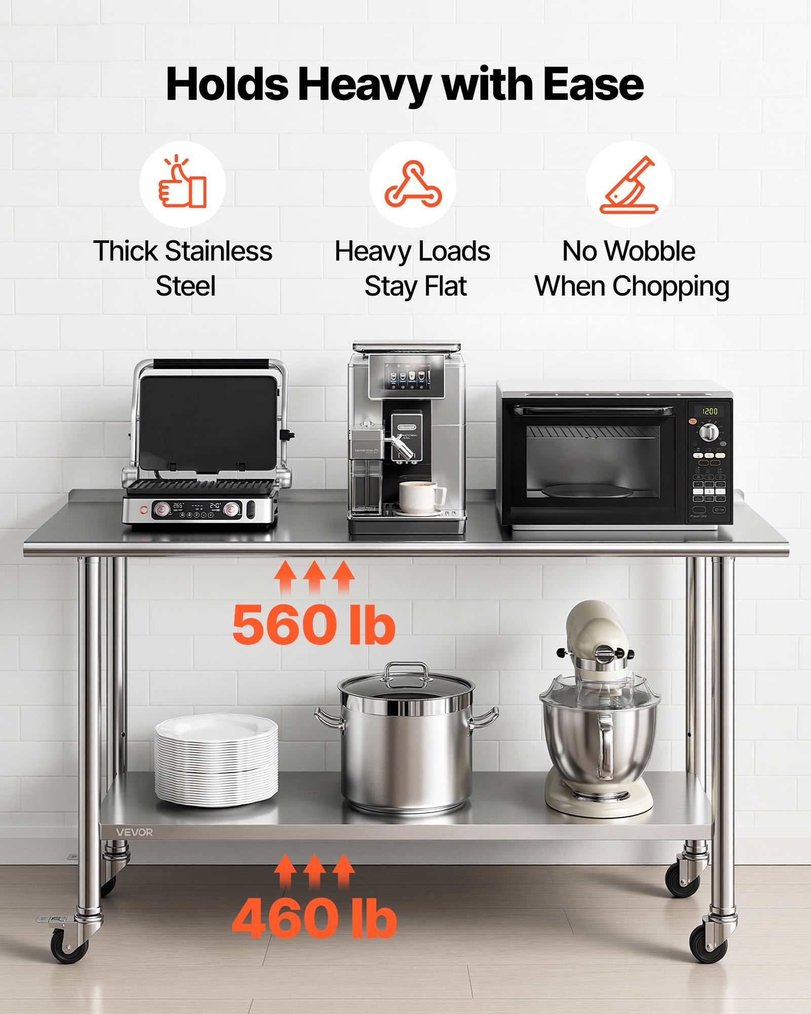 VEVOR Stainless Steel Work Table, 24x60 inch Food Prep Table with Wheels and Backsplash, Commercial Kitchen Workstation with Adjustable Undershelf, Metal Utility Worktable, for Restaurant Home