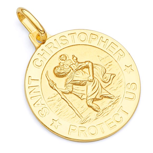 Wellingsale 14K Yellow Gold Polished Religious Saint Christopher Medallion "Saint Christopher Protect Us" Charm Pendant