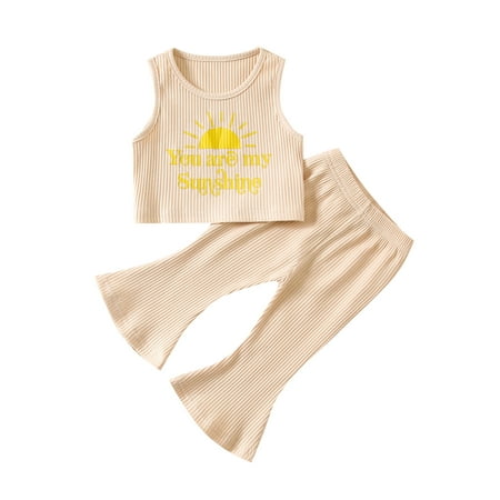 

Frobukio Kids Girls Summer 2Pcs Outfits Letter Printed Sleeveless Crew Neck Tank Tops + Elastic Waist Flare Pants Beige 2-3 Years