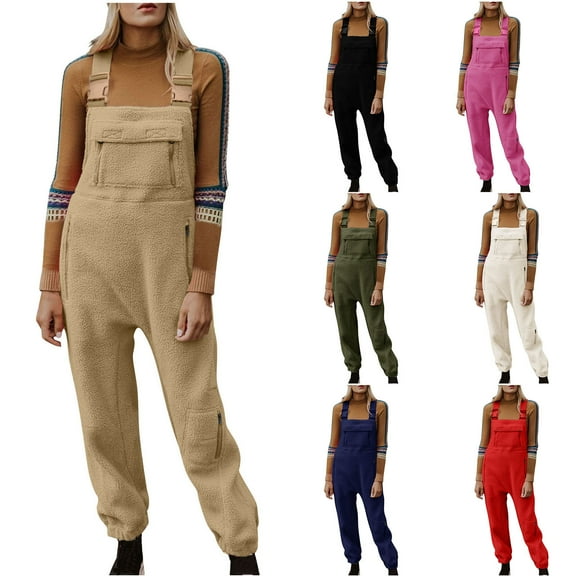 CHUMUD Womens Fleece Overalls 2025 Warm Winter Casual Loose Jumpsuits Sherpa Bib Overalls Fuzzy Ski Pants with Zipper Pockets