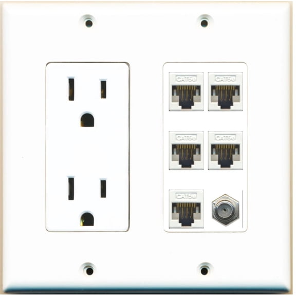 Ultra Spec Cables 1 Port Coax 5 x Cat5e Ethernet RJ45 Wall Plate w/Power Outlet
