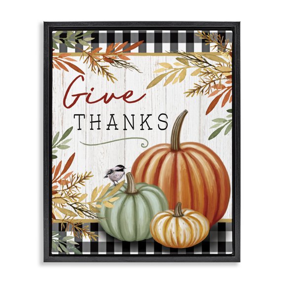 Stupell Industries French Country Give Thanks Gingham & Pumpkins Black Floating Frame Canvas Art, 17 x 21, by Elizabeth Tyndall