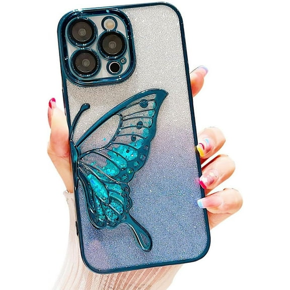 Butterfly Quicksand Glitter Bling Aesthetic TPU Case for Women Girls Compatible with iPhone Case (Blue,iPhone 13 Pro Max)