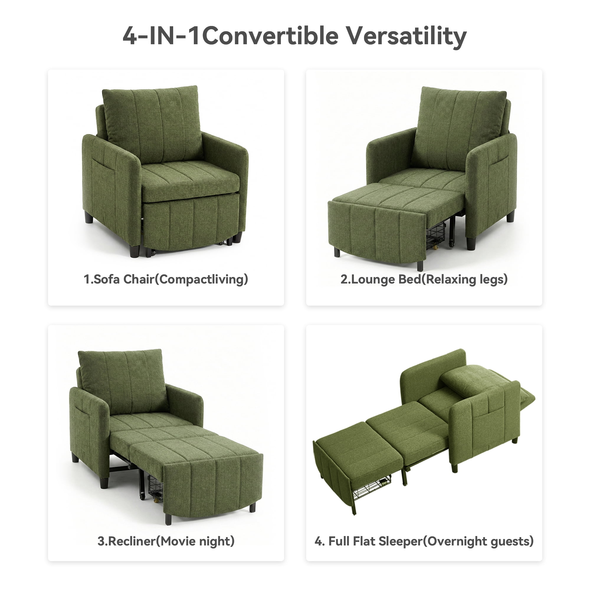 YIKEMA 4-in-1 Convertible Sleeper Chair Bed, 84 Inch Extra Long Pull Out Sofa for Tall Guests, Adjustable Backrest Lounge with Side Storage & Metal Frame, 500 lbs Capacity, Green