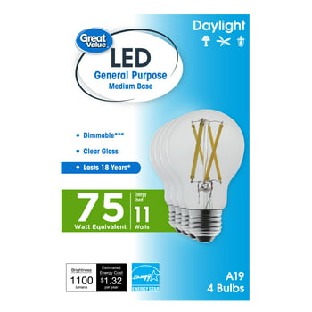 Great Value 18 Year LED Light Bulbs, A19 75 Watts Equivalent, 11 Watts Efficient, Dimmable, Daylight, Clear Glass, 4 Pack