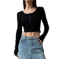 thumbnail image 1 of Top De Manga Larga Señoras Bodycon Top Cuello redondo Verano Casual Top Estilo sexy Costilla de punto Traje diario Ygjytge Negro S para Mujer, 1 of 6