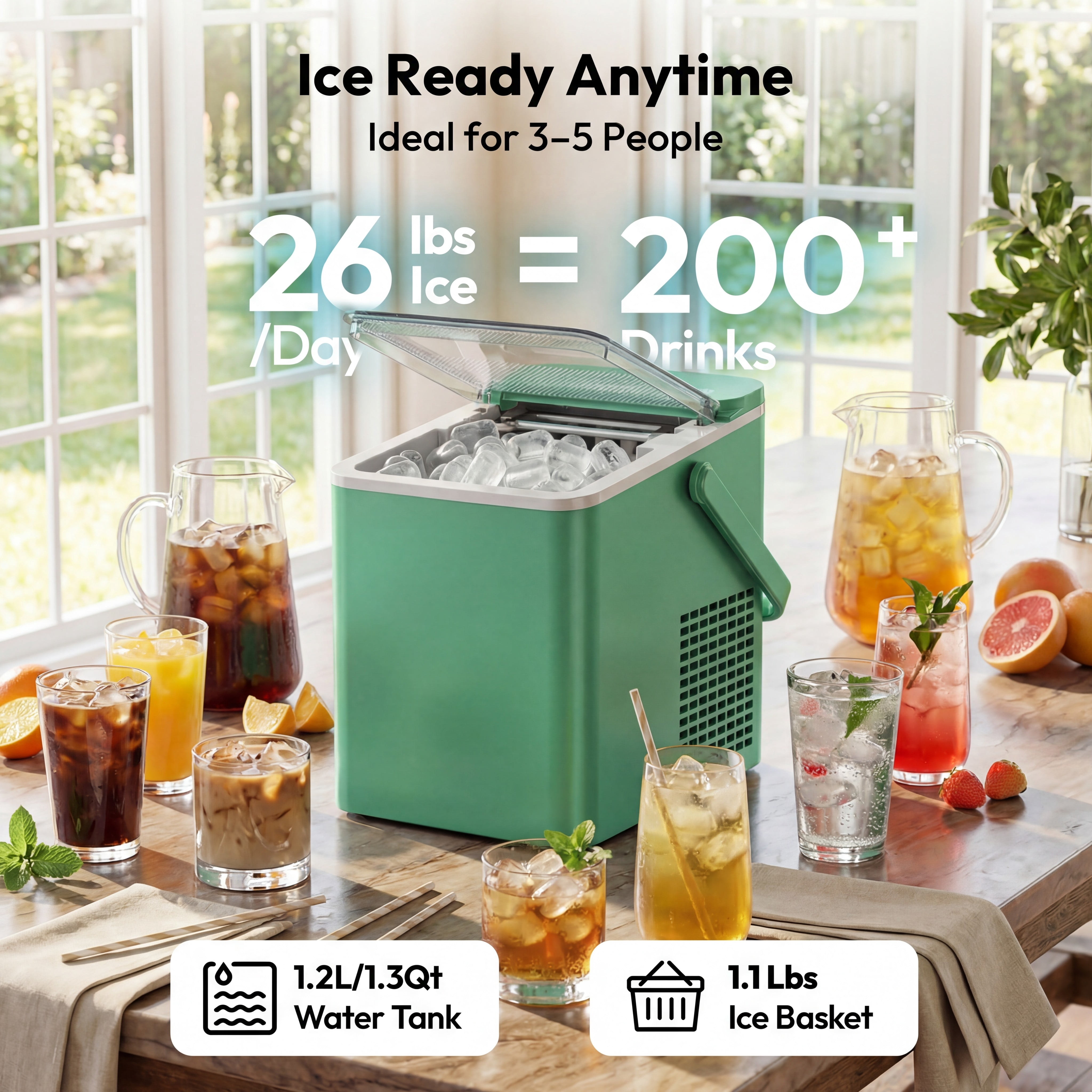 EUHOMY Countertop Ice Maker, 26 lbs/Day Portable Bullet Ice Machine, Self-Cleaning, Compact Design, Green