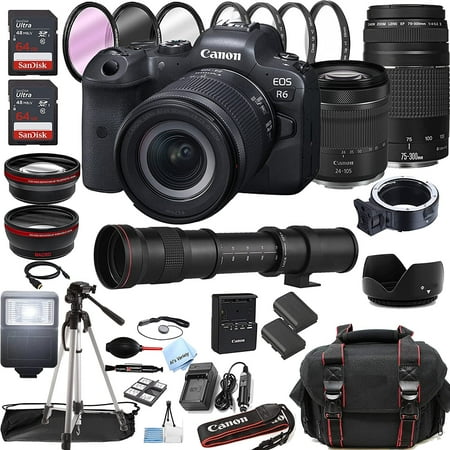 Canon EOS R6 Mirrorless Digital Camera with RF 24-105mm f/4-7.1 STM Lens + 75-300mm F/4-5.6 III Lens + 420-800mm Super Telephoto Lens + 128GB Memory + Case + Tripod + Filters 44pc Bundle