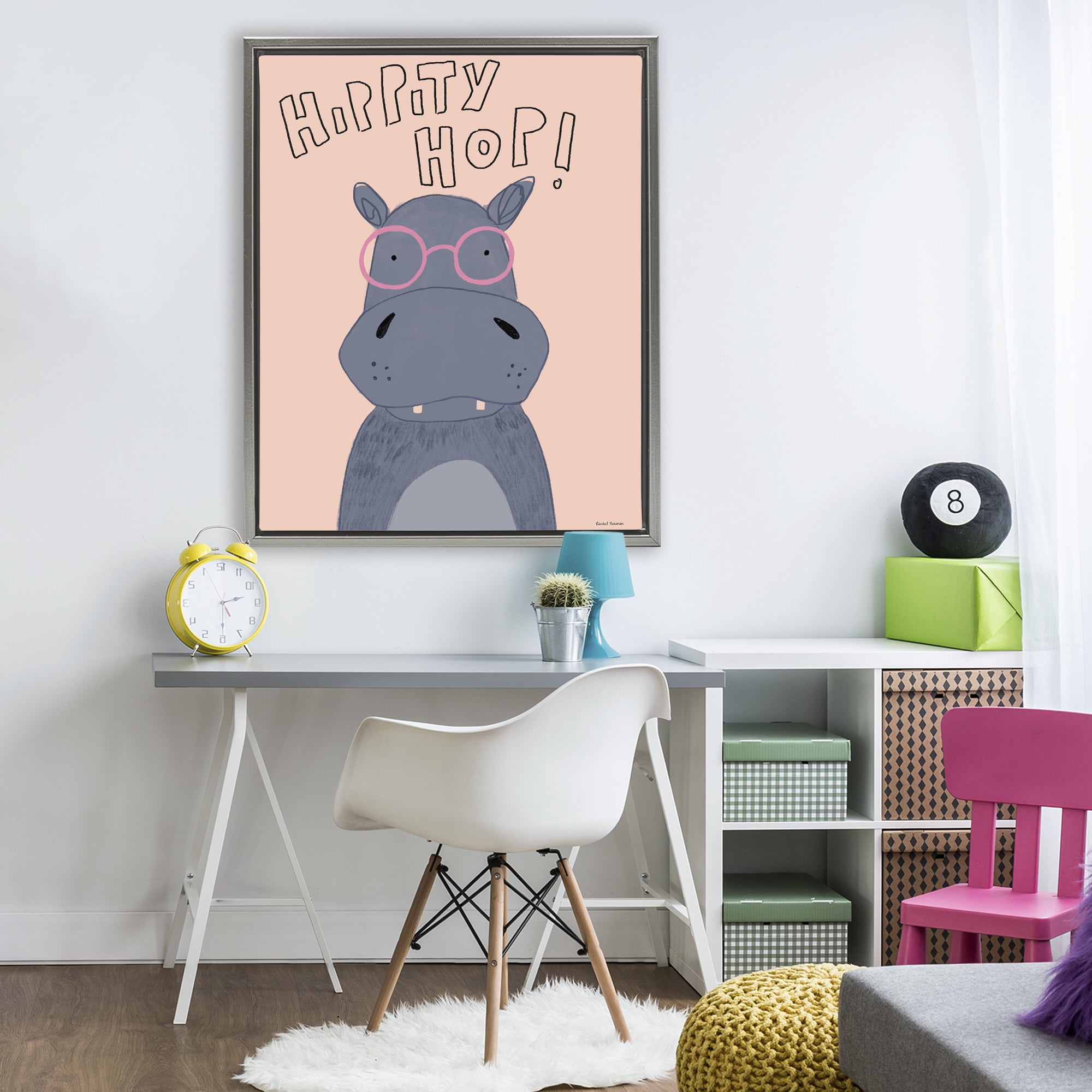 Stupell Industries Hippity Hop Hippo Gray Framed Floater Canvas Wall Art, design by Rachel Nieman