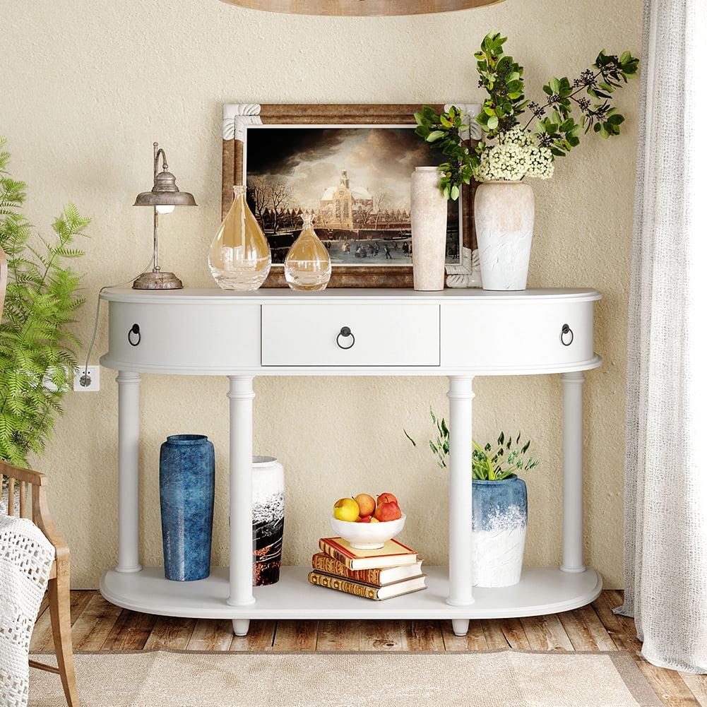 Lowestbest Retro Curved Console Table, Half Moon Entry Table, Solid Wood Frame and Legs with Single Drawer (White) Lowestbest Retro Curved Console Table, Half Moon Entry Table, Solid Wood Frame and Legs with Single Drawer (White)