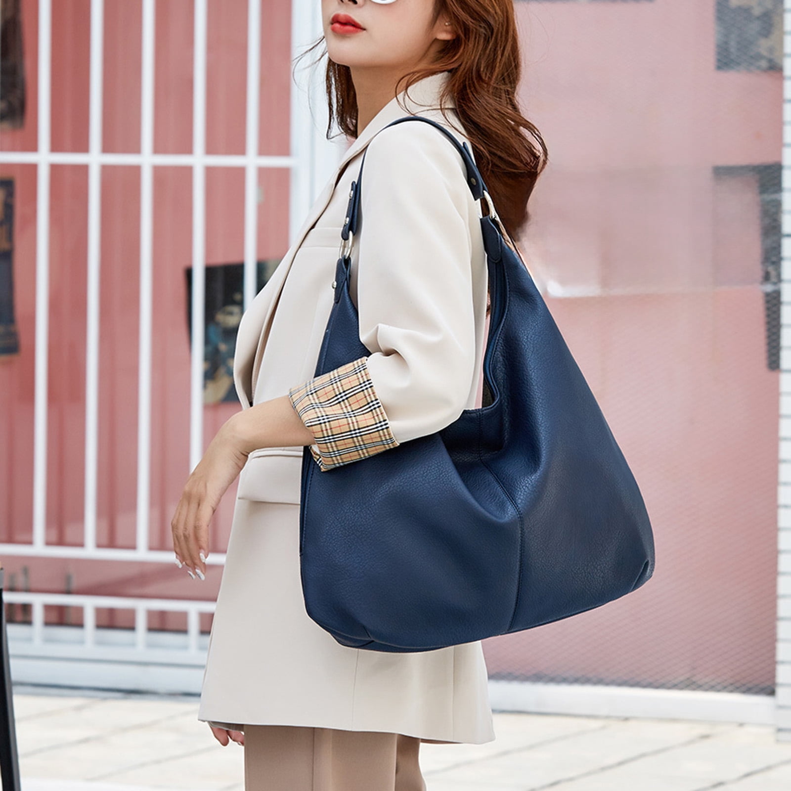 Stylago Slouchy Shoulder Bags Soft Leather Versatile Underarm Handbag Adjustable Button Strap Large Stylish Tote Purses Blue
