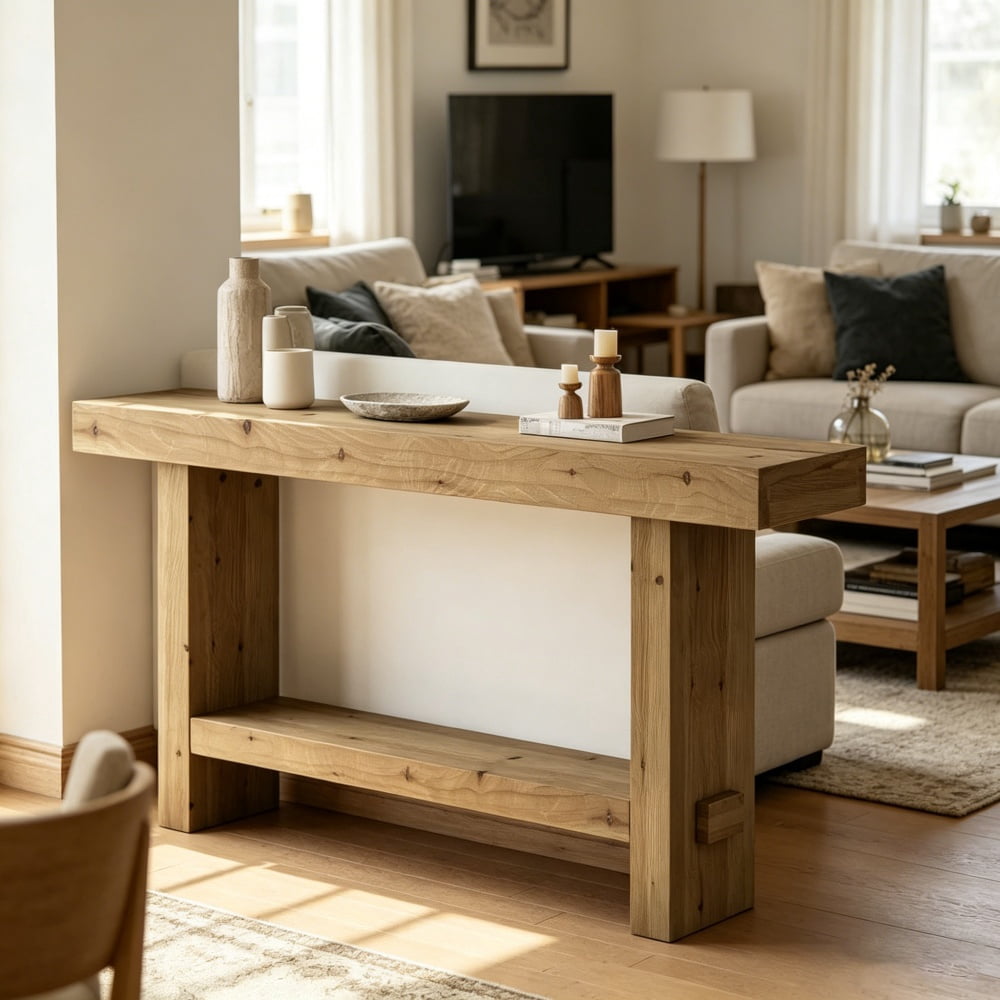 Solid Wood Farmhouse Console Table, 2-Tier Narrow Entryway Sofa Table with Natural Grain & Knots for Hallway Plant Display