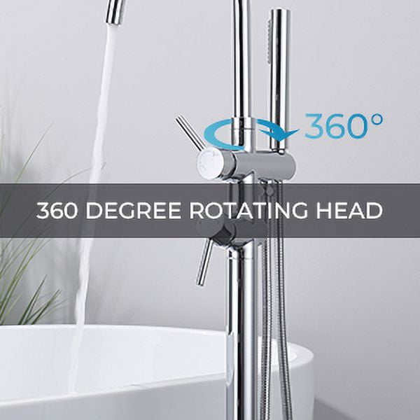 Dawot Floor Mount Bathtub Faucet, Polished Chrome Brass Bathroom Freestanding Tub Filler Single Handle Tub Spout, with Hand-held showerhead