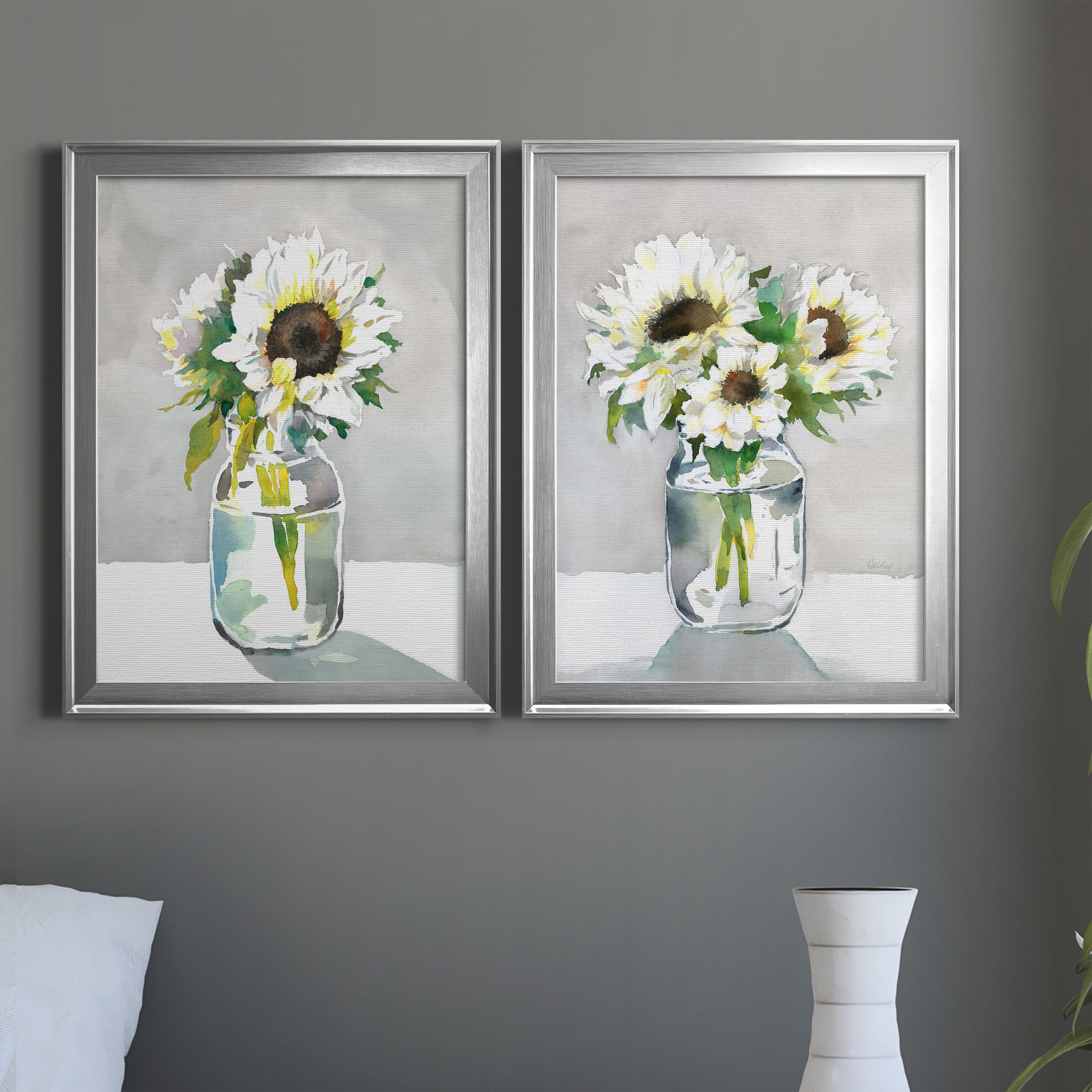 2 Piece Set Sunflower I Premium Framed Canvas - Ready to Hang - 22.5 x 30.5 Each - Silver Frame