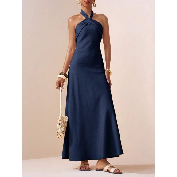 Blue Elegant Satin Twist Front Halter Neck Long Maxi Dress For Party
