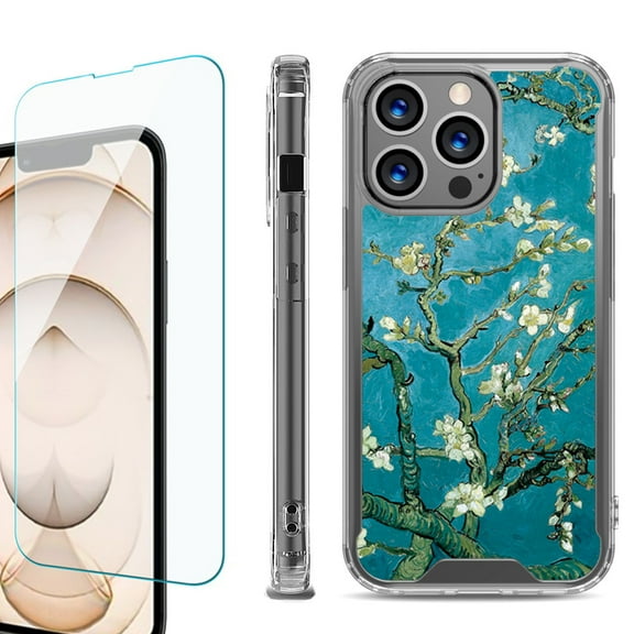 Shockproof Bumper Phone Case for iPhone 13 Pro Max, with Tempered Glass Screen Protector, by OneToughShield ® - Almond Blossom