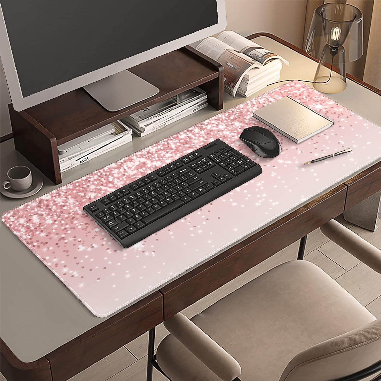Rose Gold Fine Glitter Desk Mat, Desk Accessory, Cute Workspace, Trendy Workspace, Trendy, 35.4x15.7in Large Gaming Mouse Pad, Cute Desk Topper, Pretty Desk Pad