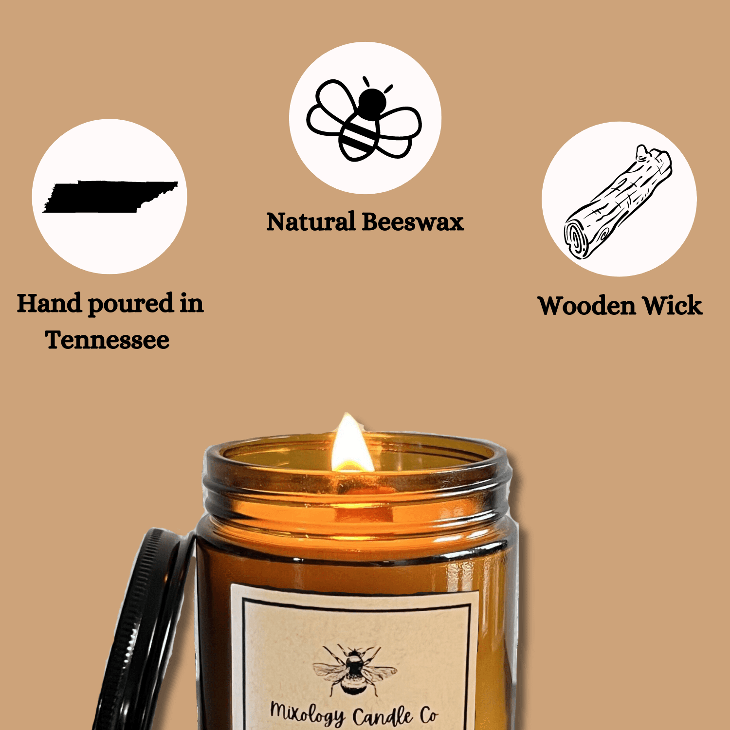Beeswax Jar Candle - 8oz - 100% Hand-poured in USA with Wooden Wick