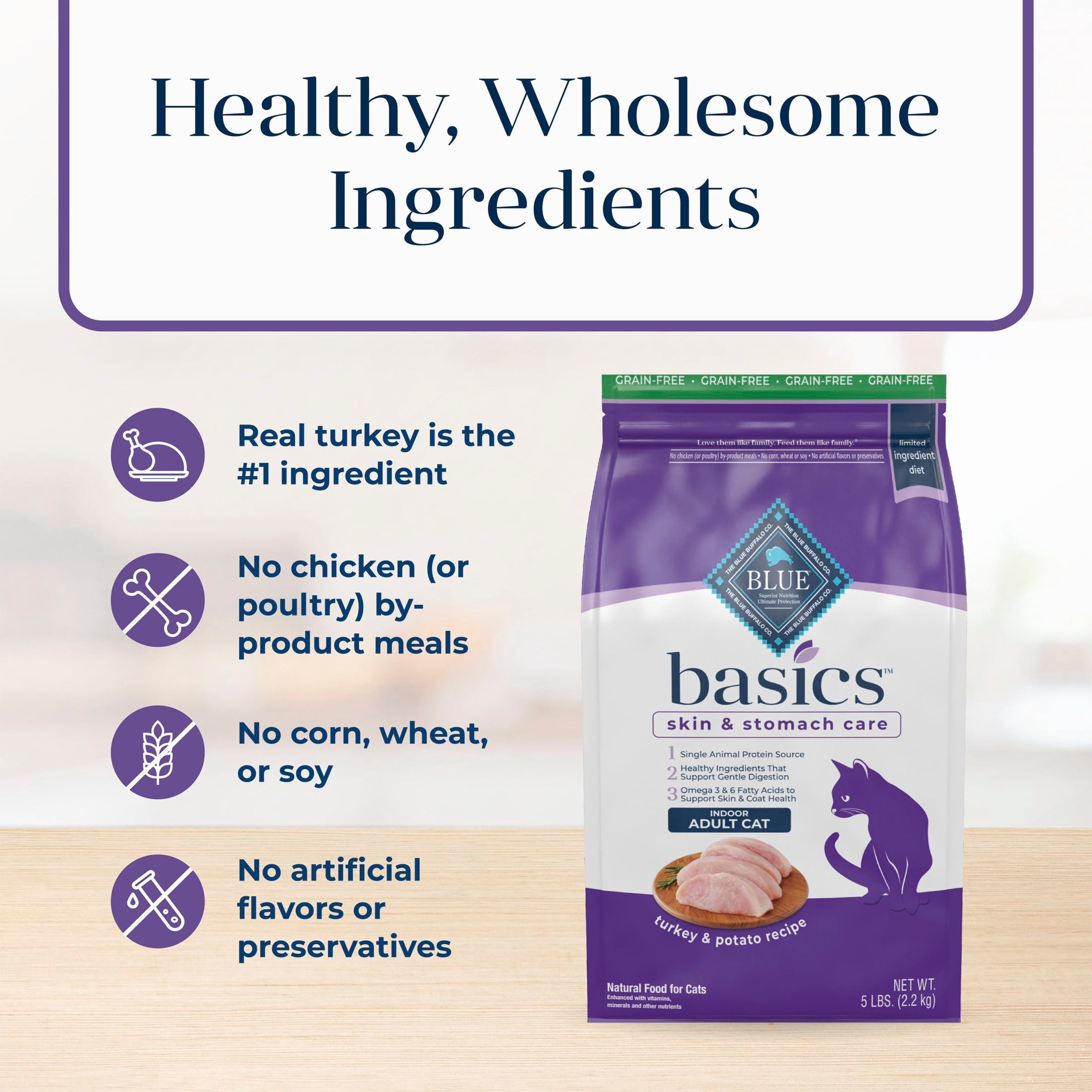 Blue Buffalo Basics Dry Cat Food Skin & Stomach, Turkey & Potato, Chicken Free, 5lb Bag