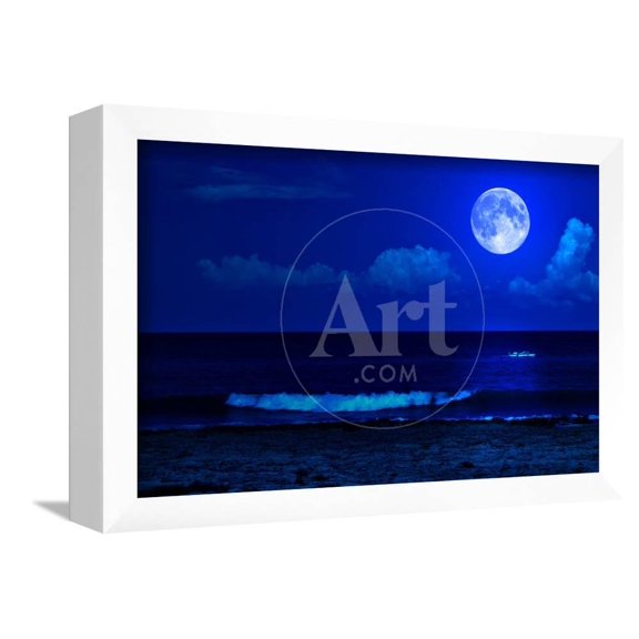 Midnight Sea Landscape with a Full Moon and Waves Breaking on the Beach, Framed Art Print Wall Art by Kamira Sold by Art.Com