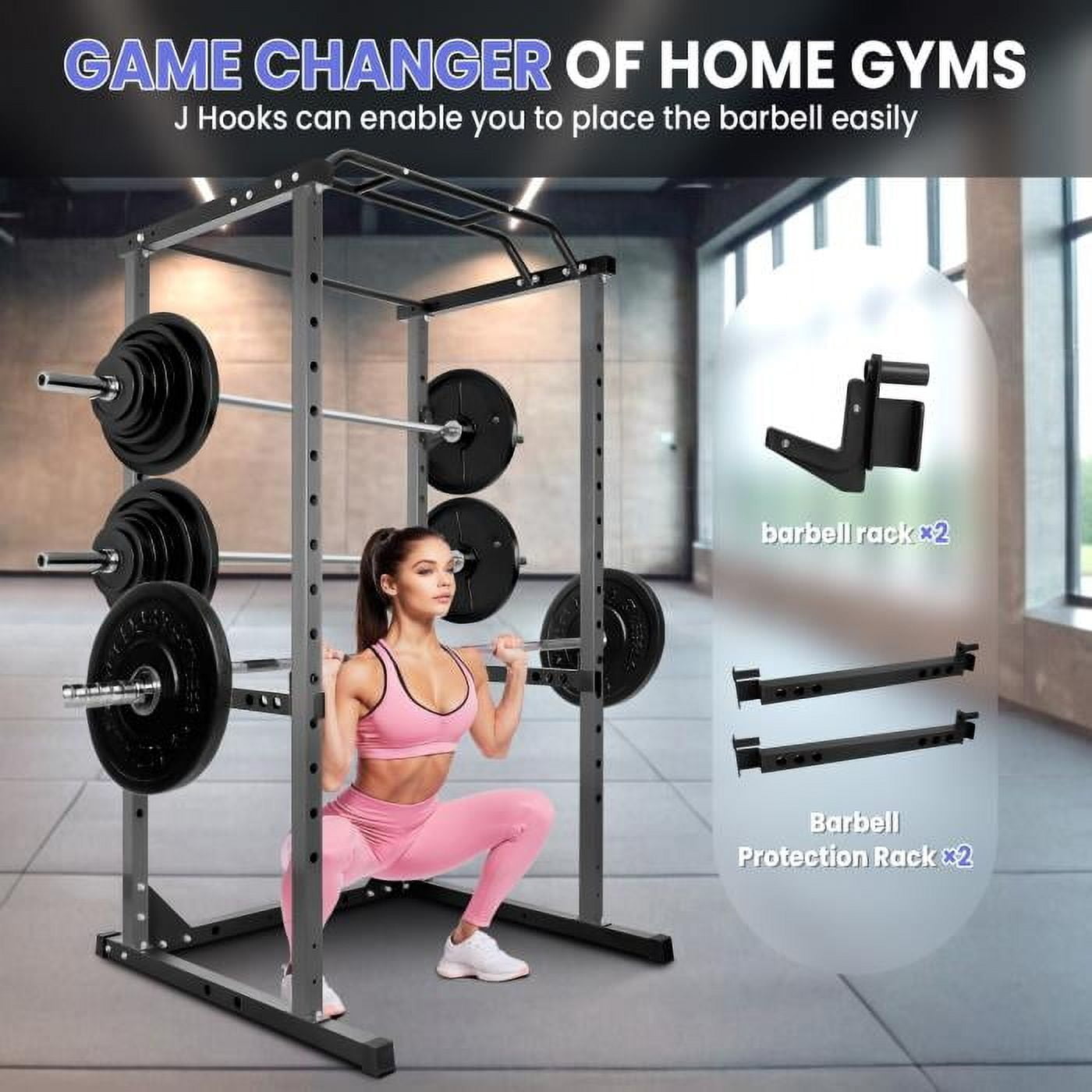 Adjustable Power Cage, 1200 LBS Capacity Black Multi-Functional Squat Rack with 14 Holes, Anti-Slip Base and Training Attachments for Home Fitness Training
