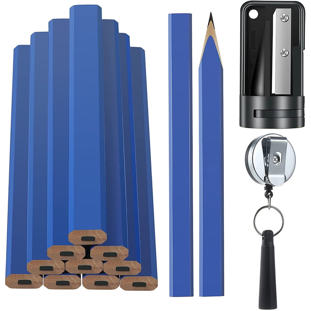 PENGXIANG 12pcs Carpenter Pencils Tools Set 7 Inch Carpenter Pencil with Pencil Sharpener Flat Wood Construction Pencil with Retractable Pen Holder Carpenter Marking Pencils