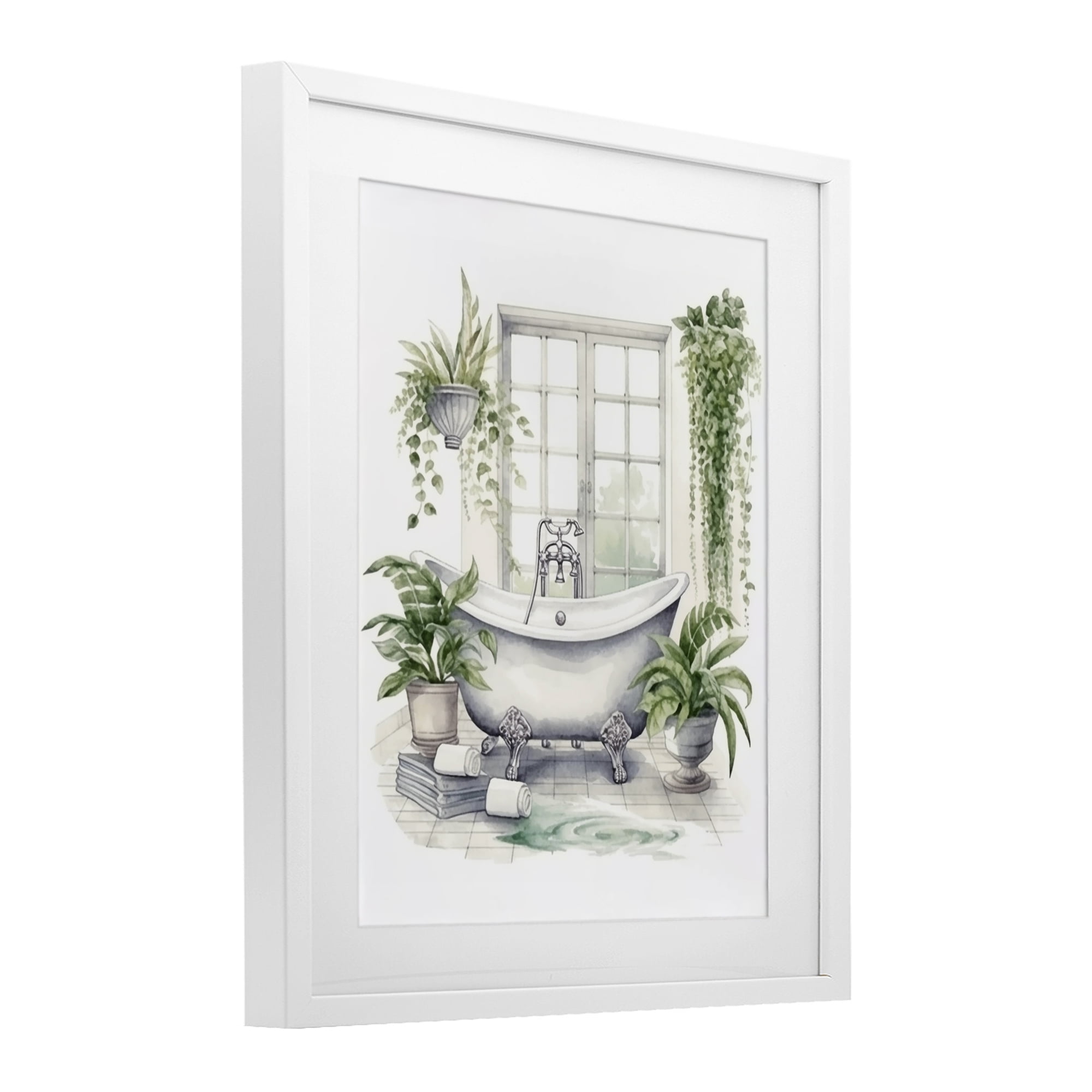 Lush Greenery Bathtub & Window White Framed Print Under Glass, design by Lettered and Lined