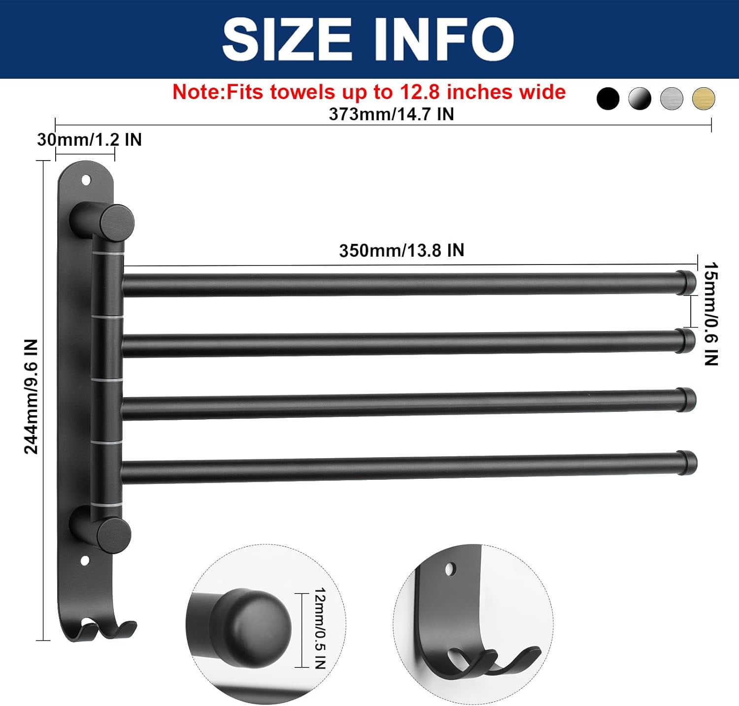 Genreen Swivel Towel Rack for Bathroom - 14.7'' Rustproof Towel Holder, Sturdy Towel Bar Wall Mounted, Space-Saving Towel Hanger, Bathroom Accessories, Home Decor, Apparment Essentials,  (Matte Black
