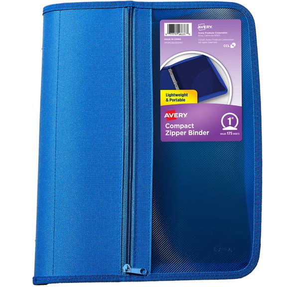 Avery Zipper Binder, 1" Round Rings, Blue Binder (26225)