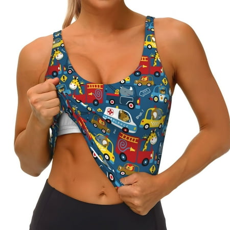 Qokaie Vehicles Cartoon with Funny Drivers Animal Drivers Pattern Womens Scoop Neck Sports Bra Breathable Workout Vest Padded U Back Medium Impact Fitness Gym Yoga Bra Workout Crop Top