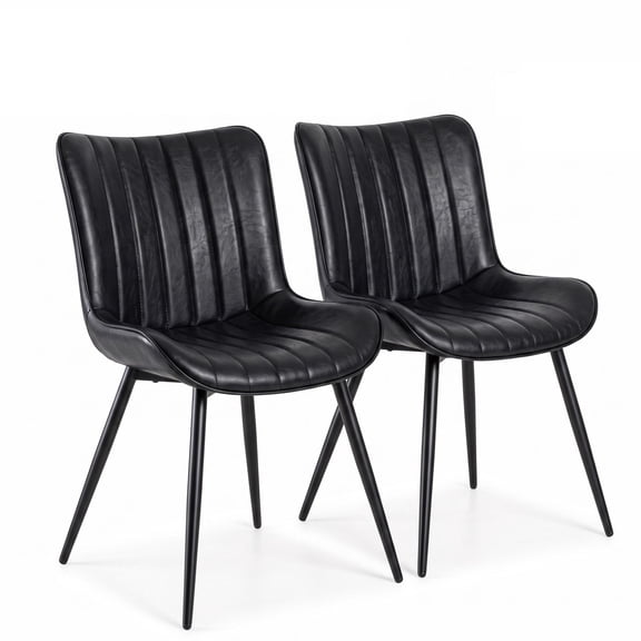 Set of 2 Black PU Upholstered Dining Side Chairs, Curved Metal Frame Backrest with Adjustable Feet