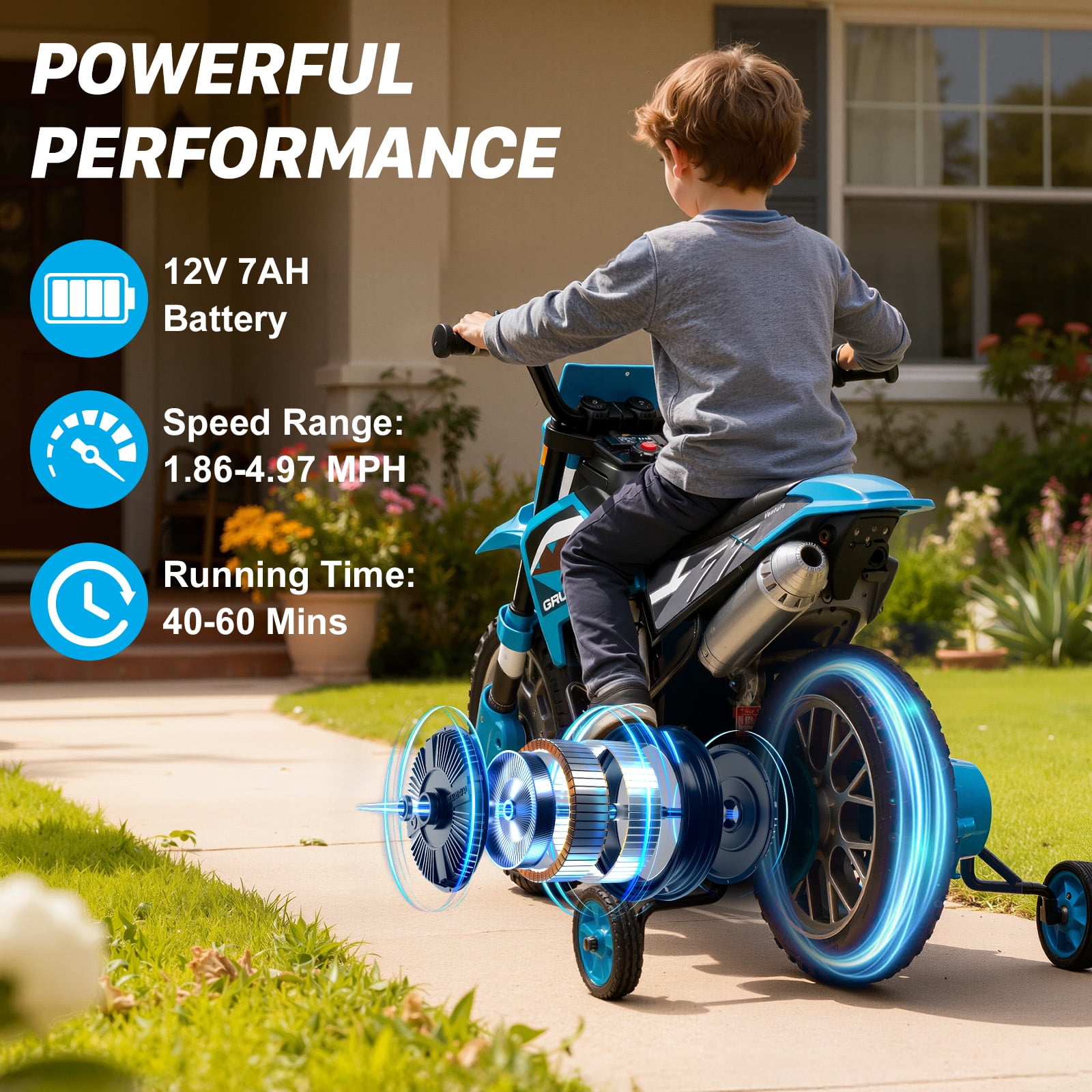 Mukidy 12V Electric Motorcycle for Kids Dirt Bike Ride on Toy Battery Powered Motorbike w/ Training Wheels, Age 3-8 Year Old, Blue