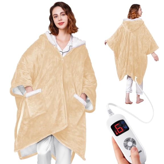 Wearable Heated Throw Blanket with Pockets and Hood, 50" x 70" Flannel and Sherpa Electric Wrap, 6 Heating Levels, 4-Hour Auto Shut Off, Machine Washable, Beige